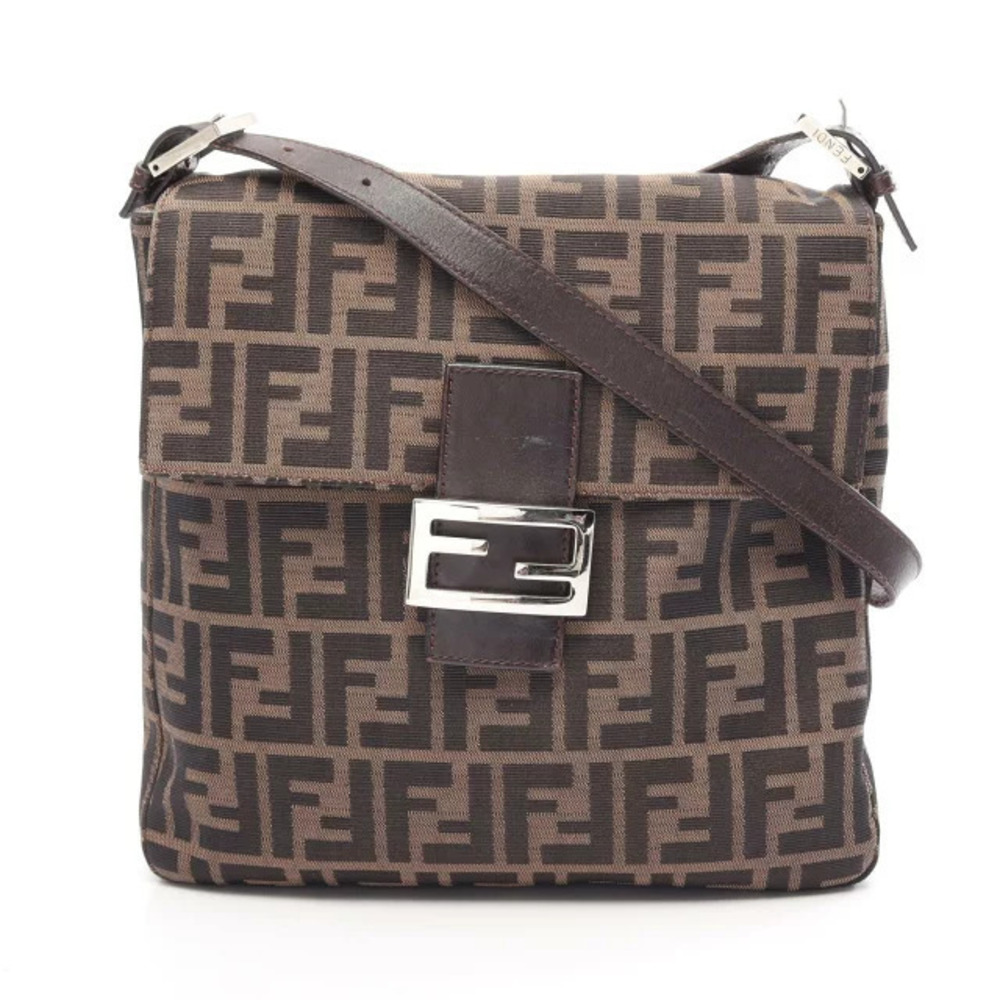 Fendi Zucca Shoulder Bag Canvas Leather Brown Black